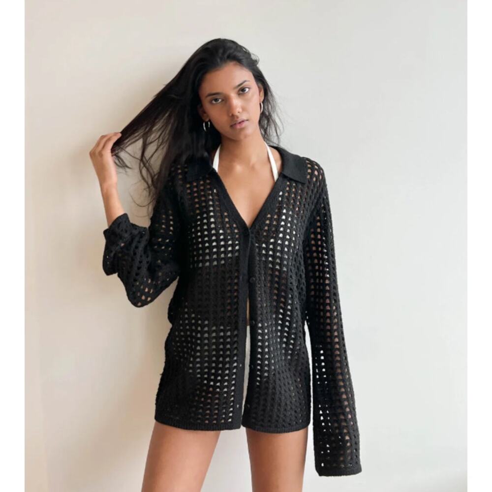 OAK + FORT Black Open Knit Collared Button-Front Cardigan Cover Up XS